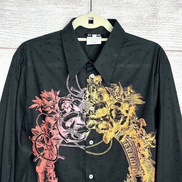 GF FERRE Vintage Printed Embroidered Black Button Up Shirt Eyelet Slim Fit M-L - Picture 3 of 14